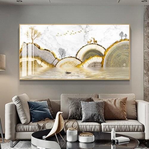 Fancy Chinese style landscape golden tree deer bird Modern decorative Picture Canvas Wall Art Poster for room Porch office decor