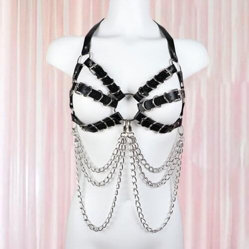Fashion Retro Women Harness Top with Metal Link Chain Tassels PU Leather Chest Bondage Straps Sexy Punk Lingerie Suspenders 2021