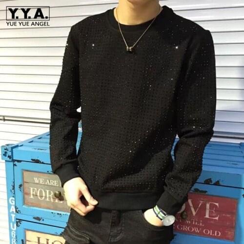 Autumn New Mens Diamonds Studded Tees Tops Long Sleeve Fashion Rivets T-shirts Casual High Street Man Pullover Top T-shirt 4XL