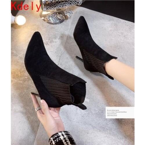 Autumn and Winter New Fine-heeled Pointed Suede Women Boots Knitted Stitching Elegant Short Boots Fashion High-heeled Women Boot