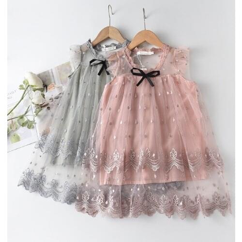 Girls Embroidery Flowers Dress 2021 New Summer Girl Floral Princess Clothing Sleeveless Costumes Kids Sweet Bowtie Outfit