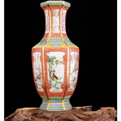 Qing Yong Zheng Enamel Gold Chinese Zodiac Hexagon Vase Jingdezhen Antique Porcelain Collection Of Antique Retro Ornaments