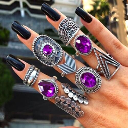 Retro Midi Rings Set Women Antique Silver Big Purple Stone Flowers Rings Bohemian Ring Set Jewelry Anillos 9pcs/set Ring Jewelry
