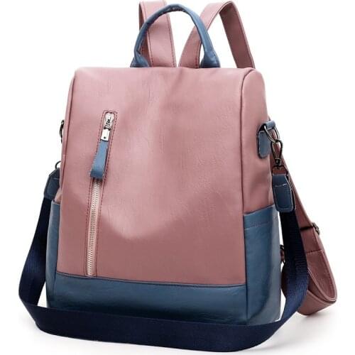 Fashion Contrast Ladies College Style Waterproof Multifunction Backpack High Quality Soft PU Leather Bookpack For Teenage Girls