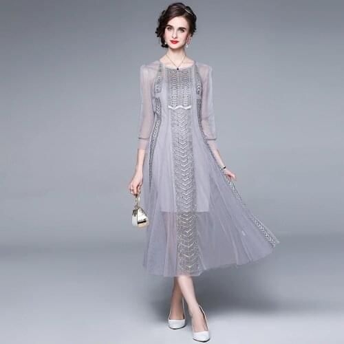Mesh Pearl Summer Dresses Vintage O Neck Three Qualters Seelve Hepburn Sexy Dress See Through Chiffon Vestido Midi Elegante 2021