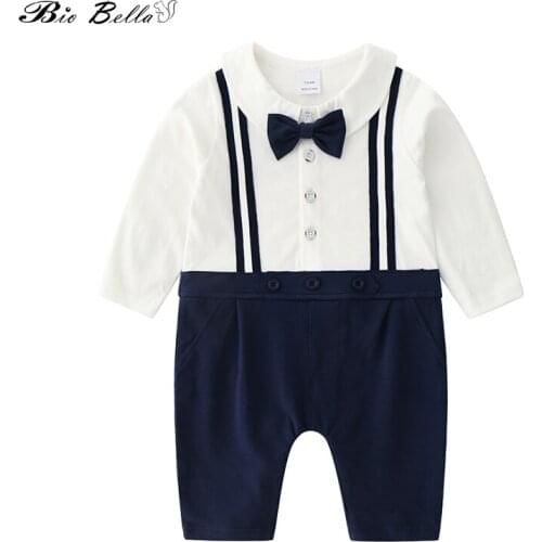 Spring Autumn Baby Boy Clothing Cotton Long Sleeve Romper Bow Tie Decor Gentleman Baby Clothes Roupas Infantil Babies