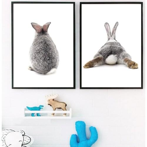 Modern Canvas Painting Nordic Art Printed HD Cartoon Cute Animals Gray Rabbit Poster Home Decor Baby Room Modular Wall Pictures