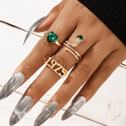 Tocona 3pcs/sets Shiny Green Crystal Stone Heart Wedding Ring Sets Snake 1975 Letter Alloy Metal For Women Men Jewelry