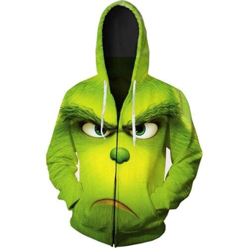 Grinch Print Hoodies Unisex Coat Green Zipper Hooded Women Adult Couple Sweatshirts Pocket Christams Jackets