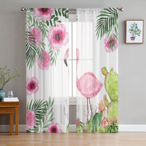 Tropical Plant Cactus Flower Flamingo Voile Tulle Sheer Curtains for Bedroom Living Room Kitchen Decor Chiffon Windows Curtain