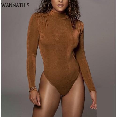 WannaThis Turtleneck Knitted Playsuit Women Solid Long Sleeve Skinny Elastic Casual Rompers Autumn Fitness Bodycon Bodysuit 2021