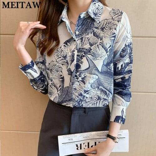 2021 Autumn Printed Women Blouses Ladies Silk Satin Long Sleeve Blouse Vintage Button Up Korean Office Tops Plus Size