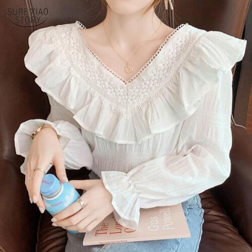 Ruffled V-neck Chic Top Woman Long Sleeve Pure Solid Hollow Loose Women Blouse Autumn White Elegant Chiffon Shirt Woman 16242