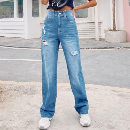 2021 New Style Women Casual Straight Jeans Ladies Loose Solid Color High Waisted Ripped Trousers with Pockets Denim Pants