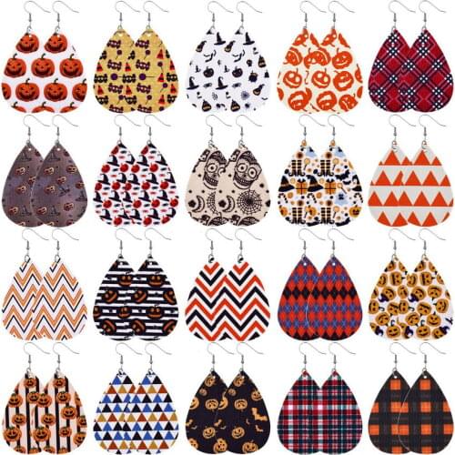 2021 Fashion Bat Pumpkin Lantern Print Halloween Earrings for Women New Vegan Leather Teardrop Earrings All Hallows Day Jewelry