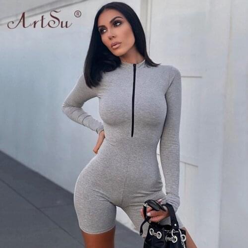 ArtSu Zipper Rib Knit Bodycon Playsuit Women Long Sleeve Rompers Biker Playsuit 2020 Grey Black Skinny Outfit Casual Playsuits