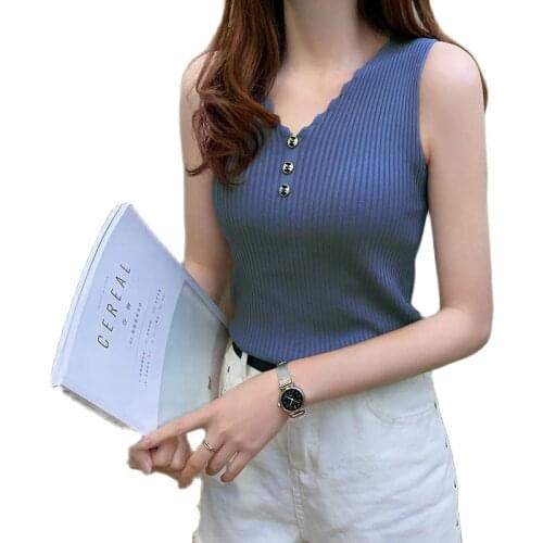 Ruched V-Neck Sleeveless Button Sweater Vest Knit Top Oversized Women Spring Autumn Cute clothes Skinny Ulzzang Harajuku Retro