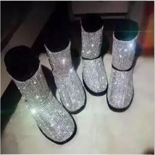 Bling Bling Rhinestone Snow Boots Black Leather Crystal Ankle Boots Slip-on Rubber Sole Winter Short Boots Drop Ship