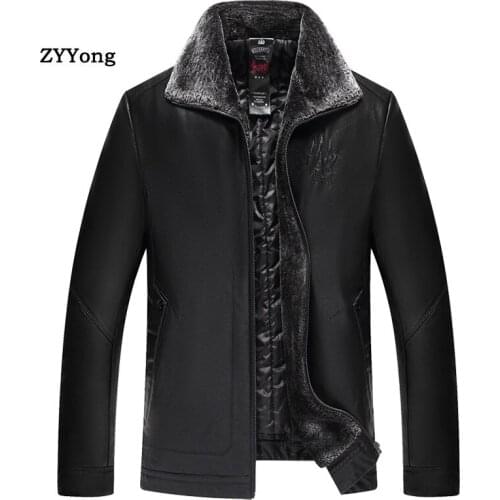 Winter Black Fleece Leather Jacket Men Parka Coat Overcoat Plus Velvet Warm Fur Collar PU Business Casual Brown Outwear Size 7XL
