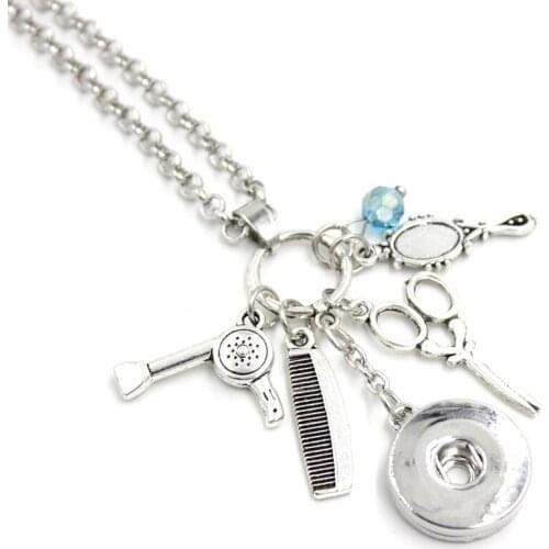10pcs Wholesale Snap Necklace 18mm Snap Jewelry Hair Scissors Dryer Comb Hair Stylist Pendant Necklace Hair Dresser Gift Collar