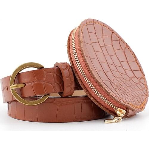 2020 NEW Fashion Round pouch Belt Crocodile pattern PU Leather belt coat dress waistband