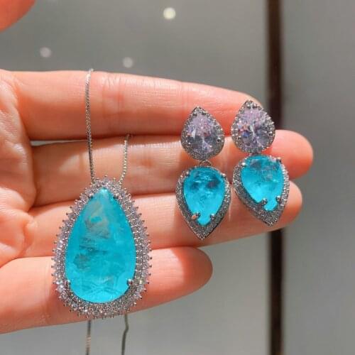 Bilincolor Classic Blue Waterdrop Zircon Necklace and Earring Jewelry Set for Women Gift
