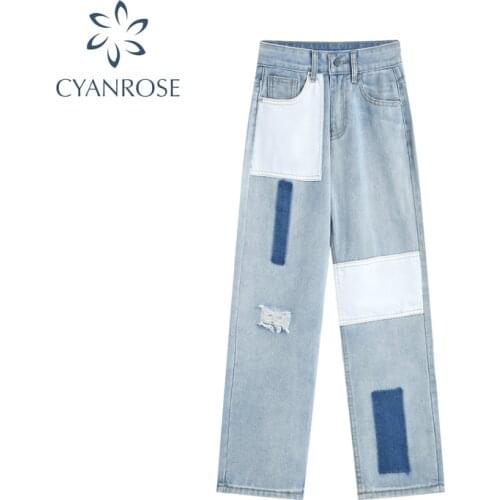 Streetwear Patchwork Straight Jeans Pants Womens Trendy Casual Denim Ripped Pants 2021 Summer New Boyfriend High Waist Trousers