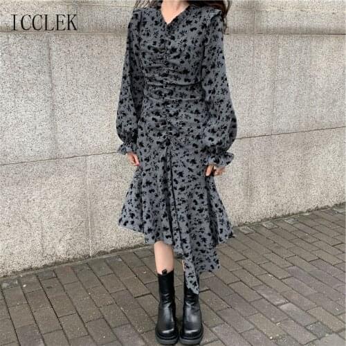 One-Piece Korean Chiffon Dress 2021 Spring Autumn New WomenS Clothing Vintage Hepburn Style Pleated Floral Dress Female Dresses