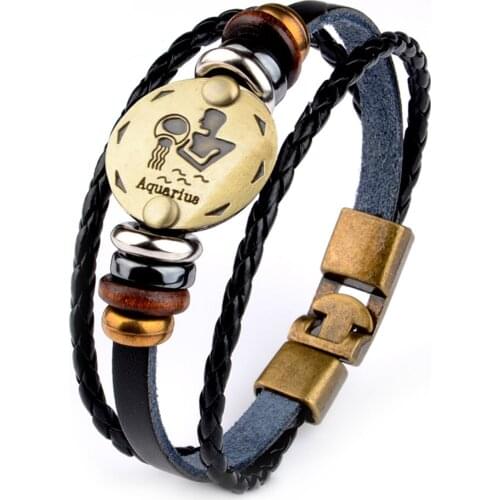 Chanfar hot style 12 constellation leather beaded bracelet for men and women