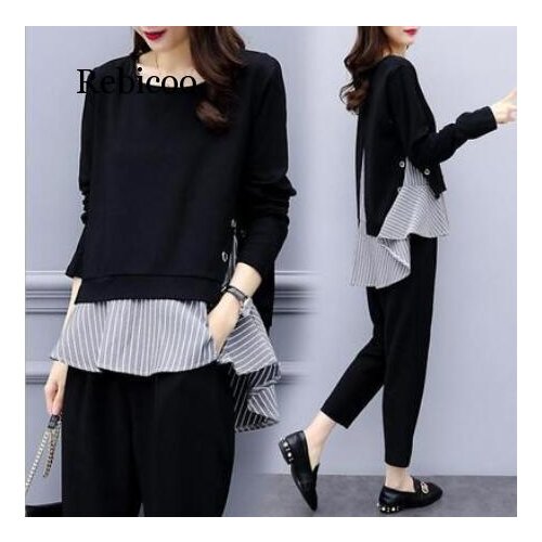 Black Two Piece Set Women Striped Splicing Long Sleeve Tops And Harem Pants Sets Casual Office Korean Ladies Suits
