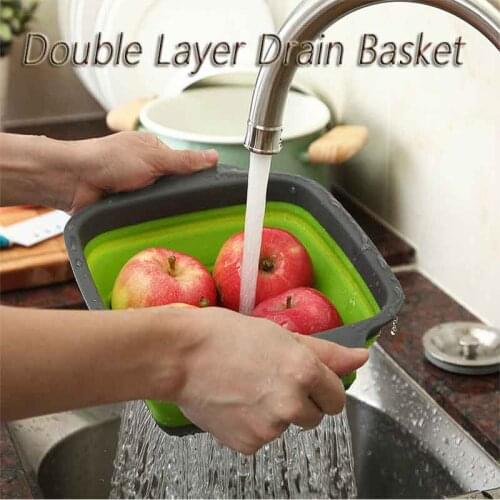Square Drain Basket Foldable Colander Fruit Vegetable Washing Baskets Silicone Collapsible Drainer With Handle Kitchen Tools