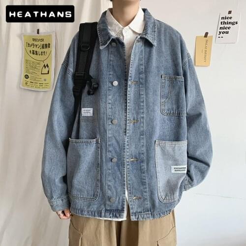 Denim Jacket Mens Korean Style Loose Fashion Jean Jacket For Male Multi Pockets Casual Spring Autumn Simple Handsome Men Clothes