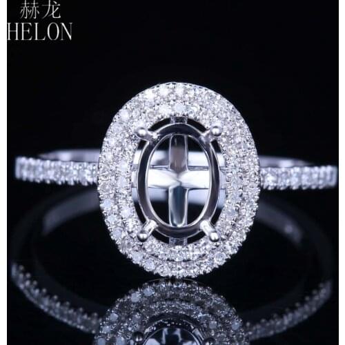 HELON Oval 7x5mm Solid 14K White Gold Pave Natural Diamond Semi Mount Engagement Ring For Women Birthday Anniversarry Best Gift