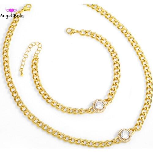 Personality CZ Round Gold Necklace Bracelet Set Simple Clavicle Chain Charm Bracelet for Woman Luxury Gold Jewelry Sets Gift