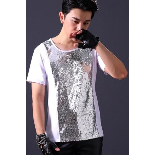 Bar Nightclub Host Performance Costume Dance Drum DJ Male Singer Personality Trend Silver Sequins Short-Sleeved T-Shirt DNV11963