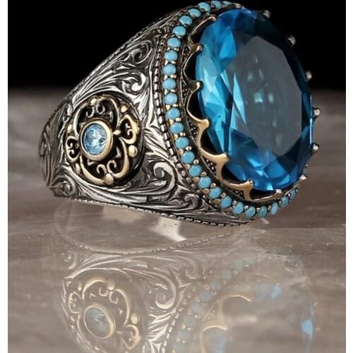 Mens ring with blue topaz sterling silver 925 sterling silver. 16-33 ring size range. on sale with free shipping