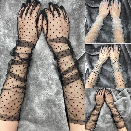 New 1 Pair Women Short Tulle Gloves 60cm Stretchy Lace Spots Full Finger Mittens Mesh Semi Sheer Lace Gloves Bride Wedding
