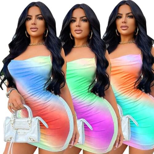 Summer New Fashion Dress For Women Gradient Color Spaghetti Strap Sleeveless Mini Dress Sexy Nightclub Party Hip Dress S-XXL