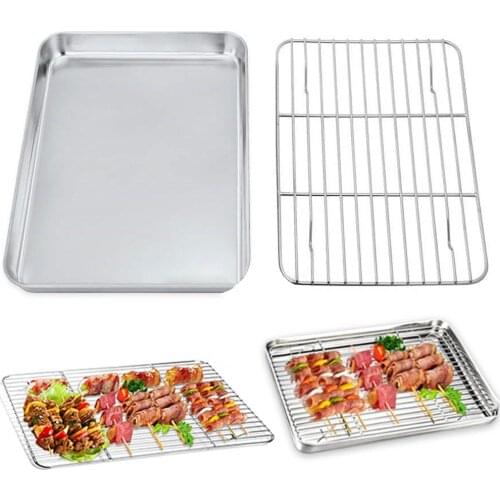 Stainless Steel Rectangular Grill Cookie Baking Pan Tray Plate With Cooling Rack Kitchen Gadget Nonstick Pan For Oven