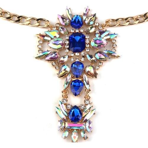Sexy Blue Rhinestone Flower Pendant Statement Bikini Body Chain Harness