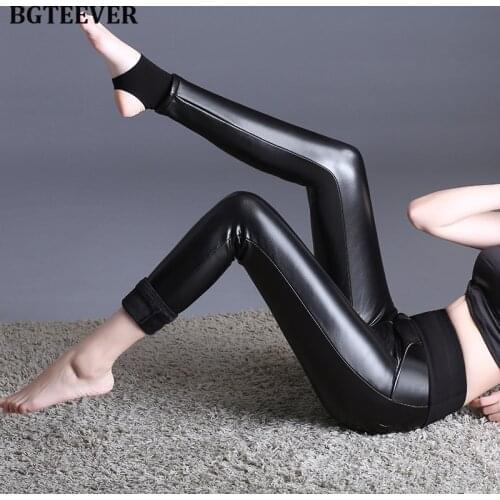 BGTEEVER Plus Size S-6XL Thicken Winter Women Pants Female PU Leather Velvet Trousers Stretch Pants Female Faux Leather Pants