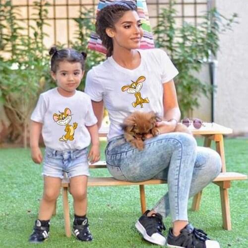 Hot Sales Family Matching Clothes Mom and Children Lovely Cat Mouse Cartoon Best Friends Look Short Sleeve Kawaii Summer T-shirt
