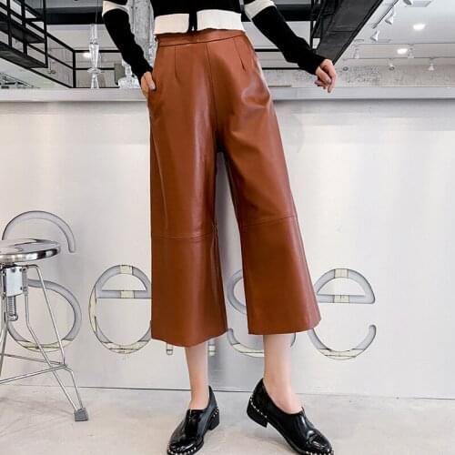 Spring Womens Genuine leather Wide-leg pants Hot fashion sheepskin leather cropped pants C556