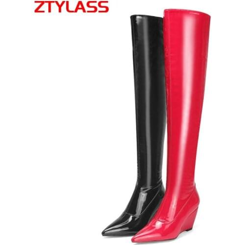 Black Red Womens Shoes Soft Patent Leather Over The Knee Boots Women Zipper Wedges Heel Thigh Boots Autumn Winter Shoes Size 45