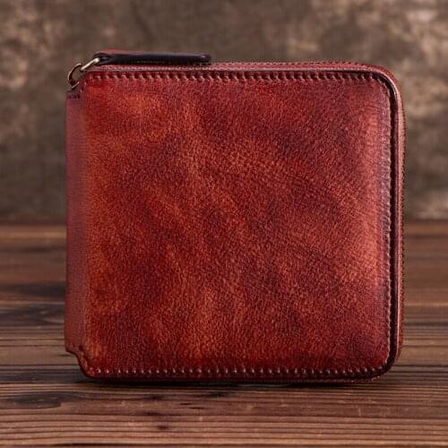 Natural Skin Women Purse Zipper Coin Pocket Handy Money Bag Multi-Card Holder Retro Genuine Leather Clutch Mini Short Wallet