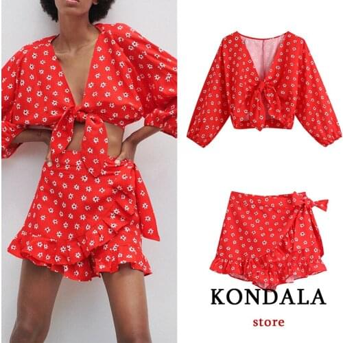 Women Chic Red Floral Vintage Sets V Neck Bow Tie Sexy Cropped Tops Mujer and High Waist Ruffles Elastic Bow Skirt Shorts Suits