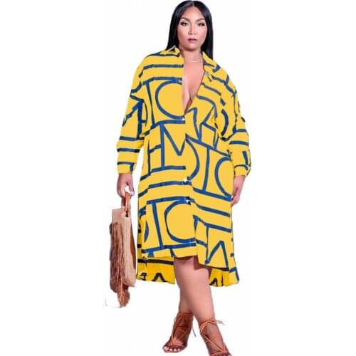 Irregular Women Shirt Dress Single Breasted Full Sleeve Mid Calf Fashion New Print Loose Street Style Casual 4XL Plus Size Dress