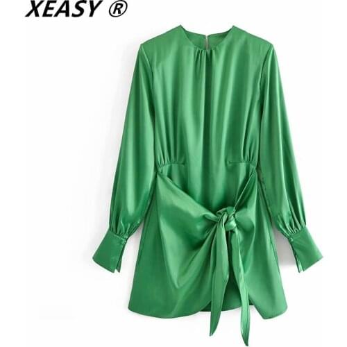 XEASY Women 2021 Vintage Shoulder Padded Solid Satin Mini Shirt Dress High Street Ladies Long Sleeve Bow Tied Casual Vestidos