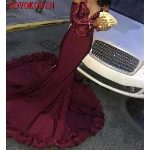 Mermaid Burgundy Prom Dresses 2019 Off Shoulder Satin Sweep Train Long Sleeve robe de soiree Plus Size Party Dress Evening Gown