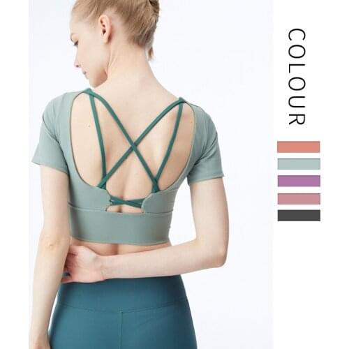 2021 Yoga T-shirt Shockproof Gathered Sexy Cross Beautiful Back Nude Sports Waist Sealing Short Sleev Workout Top